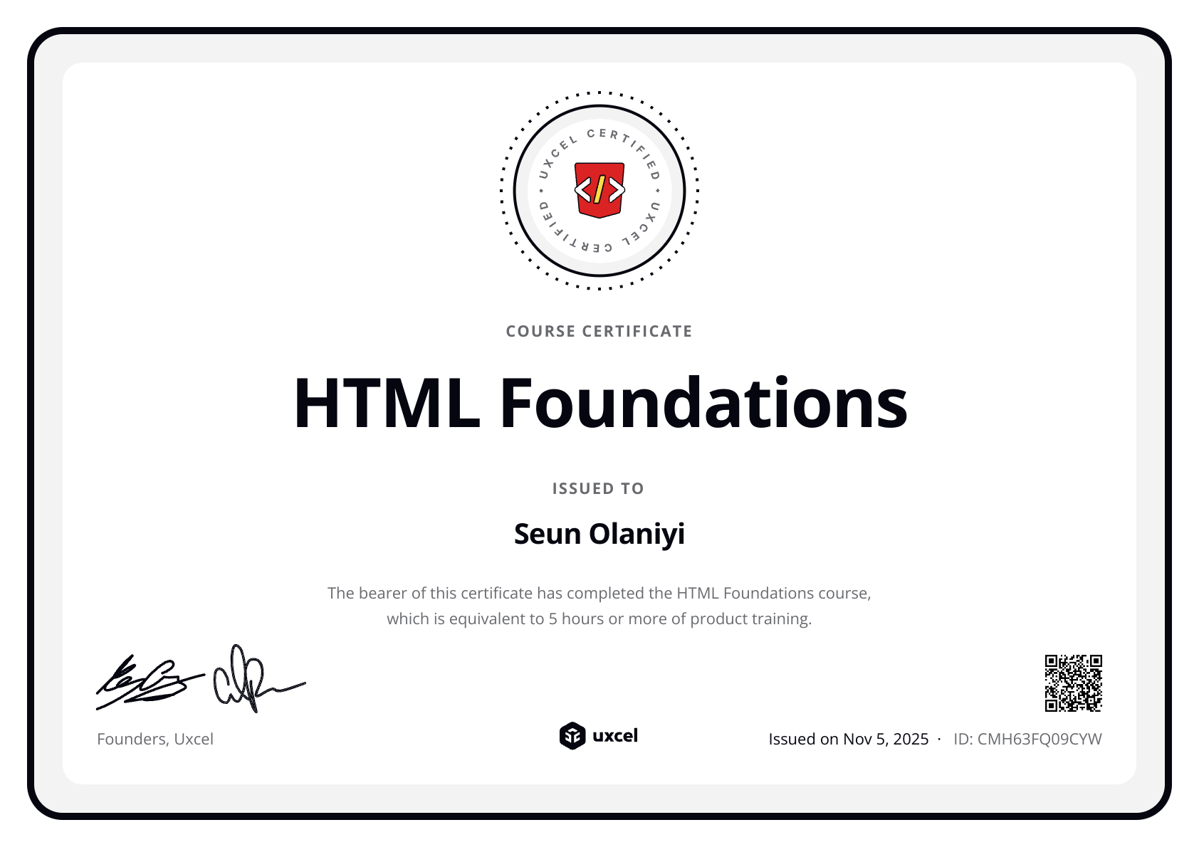 Seun Olaniyi's certificate